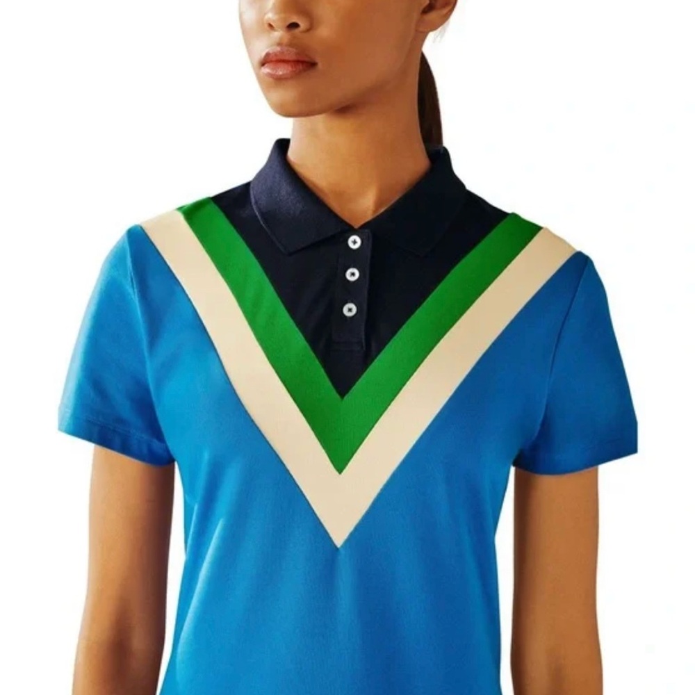 Tory Sport Blue V-Stripe Polo Top with Green & Cream Accents